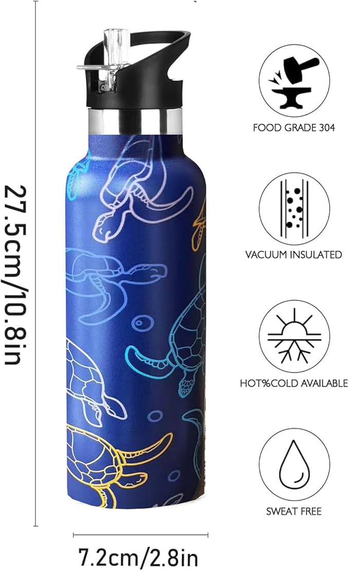 Turtle Sport Water Bottle with Straw, Vacuum Insulated Stainless Steel Thermal Drinking Travel Mug Cups For Gym Fitness Camping-20oz/600ml