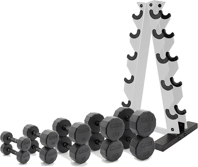 CAP Barbell 150 LB Coated Hex Dumbbell Weight Set with Vertical Rack | Multiple Options