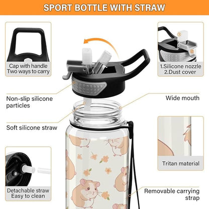 ALAZA Hipster Hamster Flower Floralhippo Sports Water Bottle with Straw Tritan Drink Bottle 32 oz BPA Free Reusable for Travel Outdoor Fitness