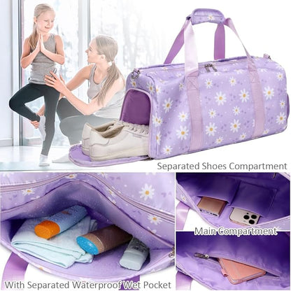 Dance Duffel Bag for Girls Daisy Ballet Bag for Girls Water Resistant Sports Gym Bag Overnight Sleepover Bags with Shoes Compartment Wet Pocket