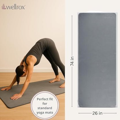 Wellrox Microfiber Yoga Mat Towel with Grip – Ultra Absorbent, Super Soft, and Quick Dry Hot Yoga Towel Non Slip for Pilates, Bikram, and Fitness Workouts (74” x 26”, Grey)