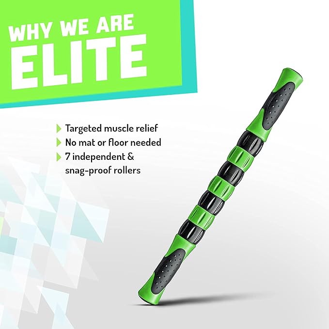 Elite Massage Roller Stick Targets Sore, Tight Leg Muscles to Prevent Cramps and Release Tension. It's Sturdy, Lightweight, Smooth Rolling and Thankfully This Lifesaver has Comfortable Handles.Green