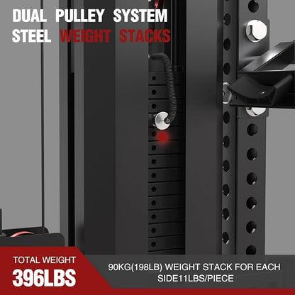 FAGUS Commercial Smithe Machine with Dual Weight Stacks, Power Cage Squat Rack with Lever Arm & Leg Press Attachment, Multi-Function Linear Bearing Cable Crossover Machine for Home Gym