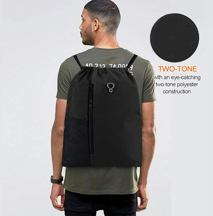 BeeGreen Black Drawstring Backpack Gym Bag For Men Women String Sports Backpack With Water Bottle Mesh Pockets And 2 Zippered Pocket Large Cinch Sackpack Workout Bag 16" x 20"