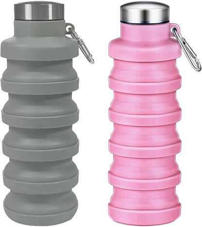 Collapsible Water Bottles,16oz Capacity Portable Reusable Silicone Water Bottle,Leak-proof,with buckle,foldable storage,Lightweight Durable for Fitness,Cycling,Sports,Camping,Hiking (Grey+Pink)