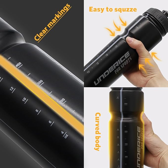 UICE Hockey Water Bottle 25.3oz 2 Pack - Leakproof Sport Water Bottles with Short/Long Nozzle Lids for Hockey/Lacrosse/Baseball/Softball/Football/Fitness,Yellow