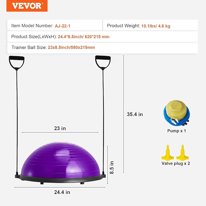 VEVOR Half Exercise Ball Trainer, 23/26 inch Balance Ball Trainer, 1500lbs Capacity Stability Ball, Yoga Ball with Resistance Bands & Foot Pump, Strength Fitness Ball for Home Gym Full Body Workout
