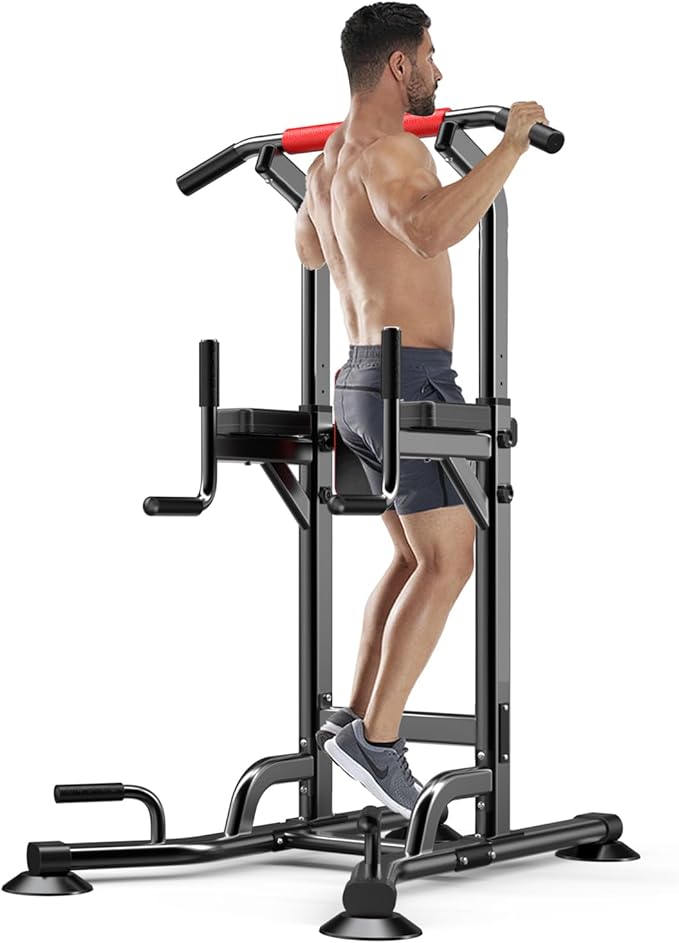 Power Tower Pull Up Bar Station Dip Stands with 6 Height Levels 59”-90” for Home Gym Workout Station Strength Training Equipment