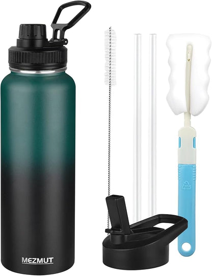 MEZMUT Insulated Water Bottle with Straw&2 Lids 40oz Stainless Steel Water Bottles Metal Water Bottle Double Walled Vacuum Insulated Bottles Thermos Leak-Proof Travel Cup (Gradient Green Black)