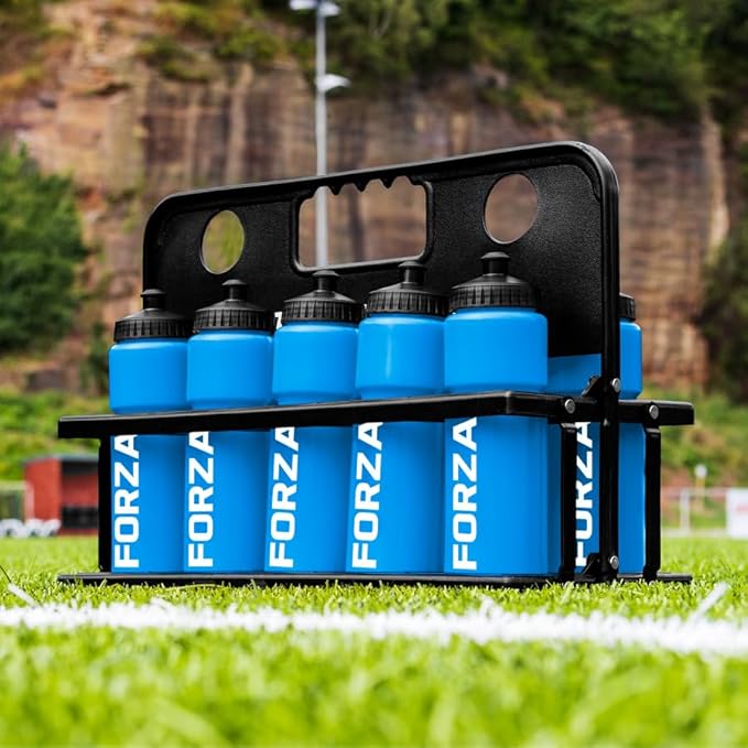 FORZA Team Sports Water Bottles | 25oz Capacity with Portable Carry Bag or Foldable Carrier - BPA-Free Plastic for Hydration on the Go (Foldable Carrier, Blue)