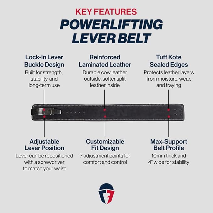 Titan Fitness Powerlifting Lever Belt - 2X-Large 38" - 45", 4" Wide x 10mm Thick Black Leather, Adjustable Steel Lever Buckle for Squats, Deadlifts, Weightlifting & Bodybuilding