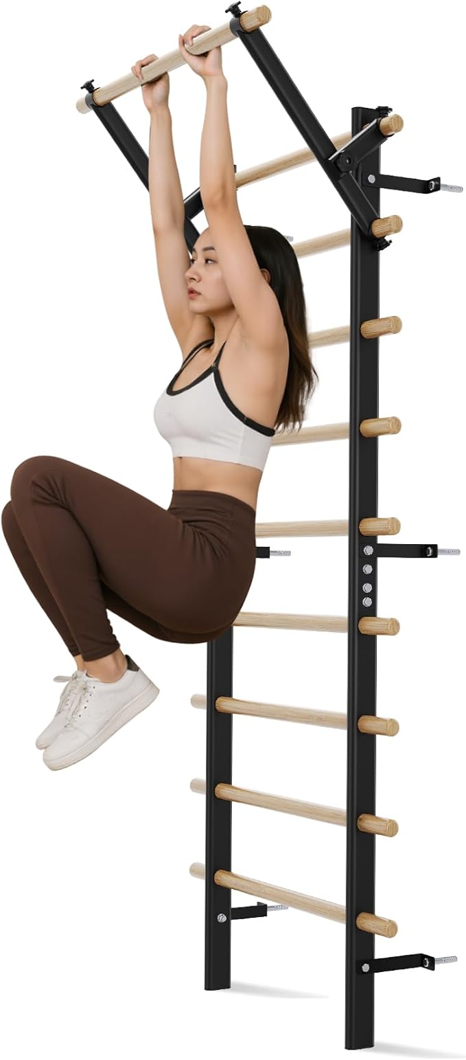 Swedish Ladder Wall Gym, Stall Bar Home Gym with Adjustable Pull-Up Bar, Dip Bar Attachments & 2pcs Resistance Band, 9 Strategic Rods for for Home, School, Hysical Therapy and Gymnastics