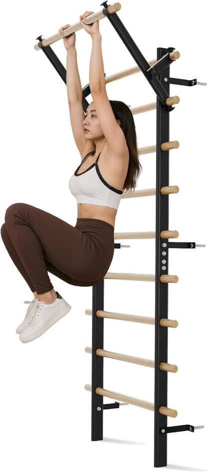 Swedish Ladder Wall Gym, Stall Bar Home Gym with Adjustable Pull-Up Bar, Dip Bar Attachments & 2pcs Resistance Band, 9 Strategic Rods for for Home, School, Hysical Therapy and Gymnastics