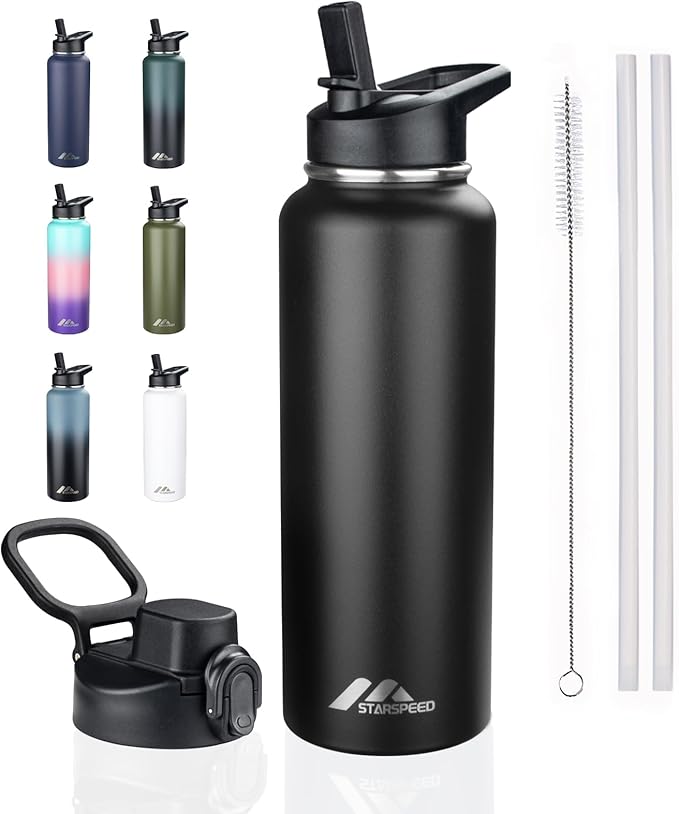 StarSpeed 40oz Insulated Water Bottle with Straws & 2 Lids, Stainless Steel Double Walled Vacuum Water Flask, Wide Mouth Sports Water Bottle for Gym Camping Hiking, Black