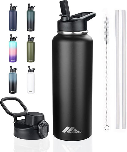 StarSpeed 40oz Insulated Water Bottle with Straws & 2 Lids, Stainless Steel Double Walled Vacuum Water Flask, Wide Mouth Sports Water Bottle for Gym Camping Hiking, Black