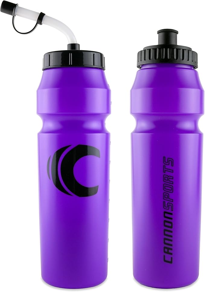 Cannon Sports 1 Liter Sports Water Bottle, BPA-Free, 34 Oz Capacity, Large Mouth, 2 lids (Straw and Squeeze), Great For Helmet Sports Such As Hockey, Lacrosse, Football, Boxing (2 Pack) (Purple)