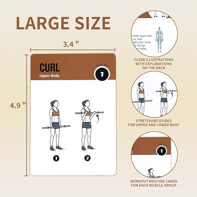 Barbell Workout Cards, 62 Exercises Cards Deck Large Size 5" x 3.5" Fitness Cards for Women & Men, Beginner Fitness Guide to Training Exercises at Home or Gym