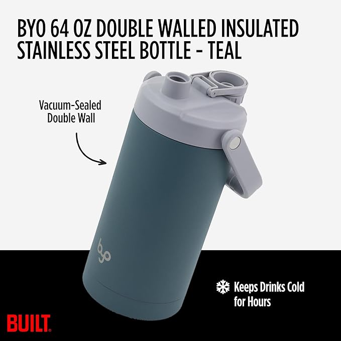 Built Byo 64 Oz Stainless Steel Insulated Bottle with Chug Lid (Teal) - BPA-Free, Leakproof, Double Wall, Sweat-Proof Handle - Reusable Water Bottle for Fitness, Wellness, Daily Hydration