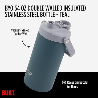 Built Byo 64 Oz Stainless Steel Insulated Bottle with Chug Lid (Teal) - BPA-Free, Leakproof, Double Wall, Sweat-Proof Handle - Reusable Water Bottle for Fitness, Wellness, Daily Hydration