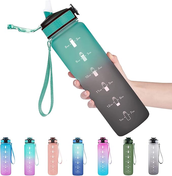 EYQ 32 oz Water Bottle with Time Marker, Carry Strap, Leak-Proof Tritan BPA-Free, Ensure You Drink Enough Water for Fitness, Gym, Camping, Outdoor Sports
