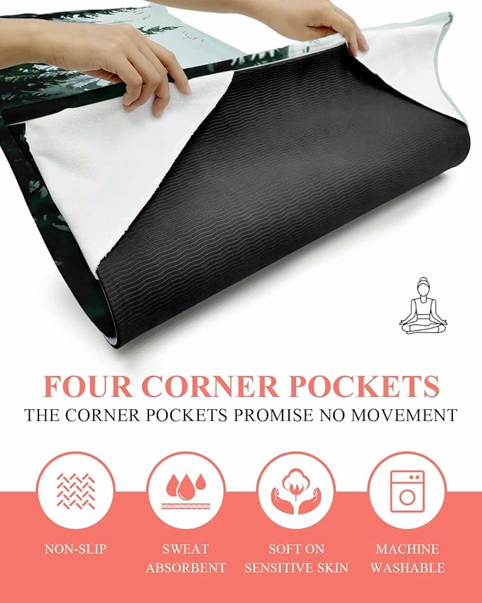 Pine Tree Forest Yoga Mat Towel with Corner Pockets for Hot Yoga Non Slip,Absorbent Yoga Blankets Microfiber Soft Gym Sweat Working Out Fitness Pilates Towels 70"x26" Green Landscape Nature Decor