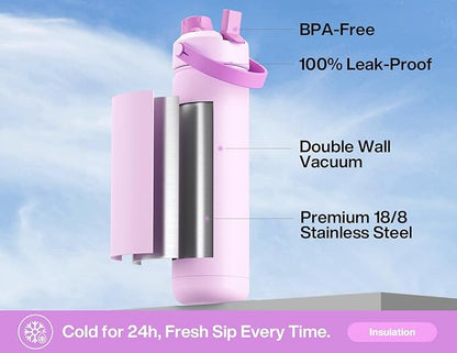 POWCAN 26 oz Insulated Water Bottle with 2-in-1 Straw and Spout Lid, Keep Cold 24H, Leak-Proof, Fits in Car Cup Holder, Stainless Steel Water Bottle for Sports, Trip, Gym, and School (Seashell Sonata)