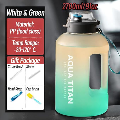 Gym Water Bottle with Straw and Time Marker (74oz-135oz) for Work, Hiking, Gym Large Capacity for Men and Women (GreenWhite(PP+4 gifts), 91oz/2700ml)