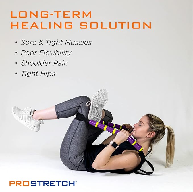 StretchRite Physical Therapy Full Body Stretching Strap with Patented Easy Grip Handles for Sore and Tight Muscles, Includes Coaching Guide (Purple/Yellow)