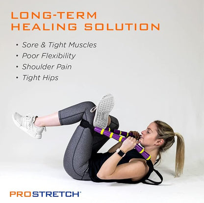 StretchRite Physical Therapy Full Body Stretching Strap with Patented Easy Grip Handles for Sore and Tight Muscles, Includes Coaching Guide (Purple/Yellow)