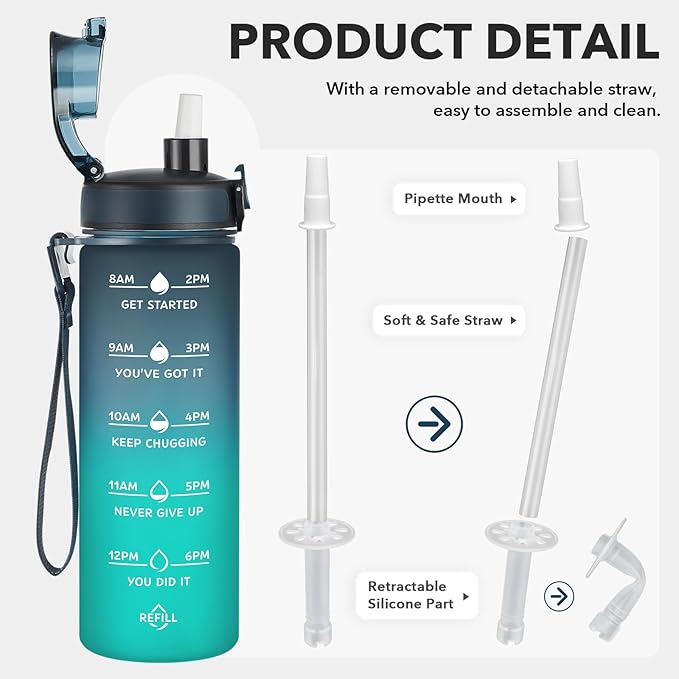 Enerbone Water Bottle, Leakproof BPA & Toxic Free, Motivational Water Bottle with Times to Drink and Straw, Fitness Sports Water Bottle with Strap for Office, Gym, Outdoor Sports