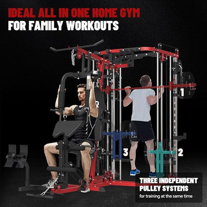 All in One Home Gym System Workout Station, Multi-Function Smithe Machine Power Cage with Cable Crossover System, Tripe-Sided Independent Load Posts, Functional Trainer for Full Body Training