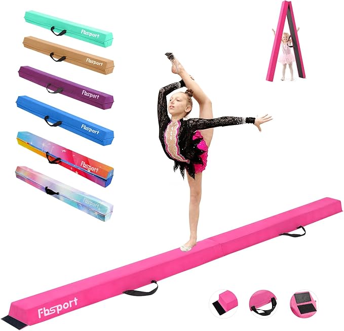 FBSPORT 8ft/9ft/9.5ft Balance Beam Folding Gymnastics Beam Foam Balance Floor Beam Equipment for Kids Adults, Suede Cover Anti Slip Base with Carry Bag for Home School Gym Training