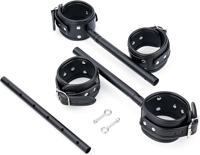 Heavy Duty Stainless Steel Expandable Spreader Bar with 4pcs PU Black--Pink Skull Pattern Detachable Adjustable Straps,Workout Bar for Home Indoor Gym Training Kit