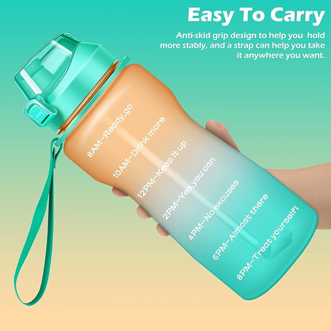 Gallon Motivational 64/100 oz Water Bottle with Time Marker & Straw, Large Daily Water Jug for Fitness Gym Outdoor Sports, Remind of All Day Hydration, Leak Proof, BPA Free (orange+green, 64oz)