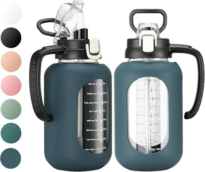 64 oz Glass Water Bottle with Handle and Straw Large 2L Water Bottle with Time Markers and Silicone Sleeve Half Gallon Water Jug BPA Free for Gym Daily Use