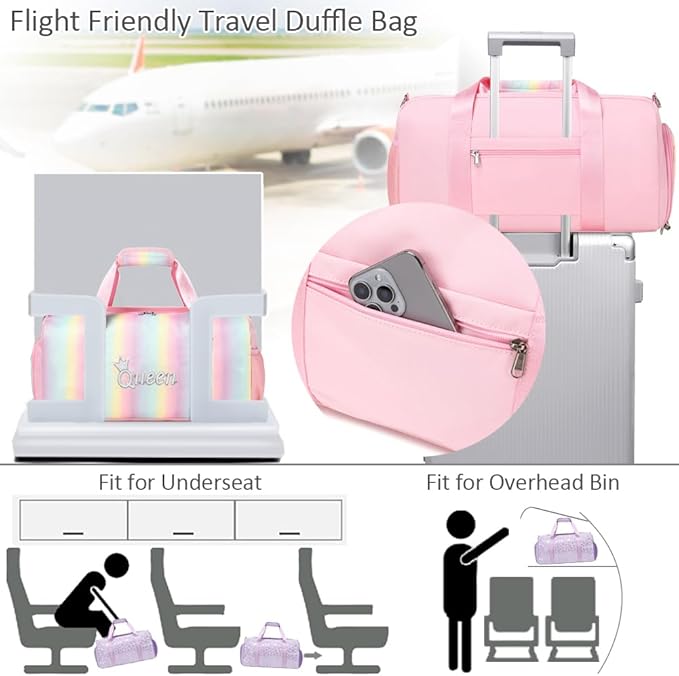 Dance Duffle Bag for Girls Shiny Rainbow Glitter Sports Gym Bag for Girls Weekender Overnight Sleepover Travel Duffel with Shoes Compartment