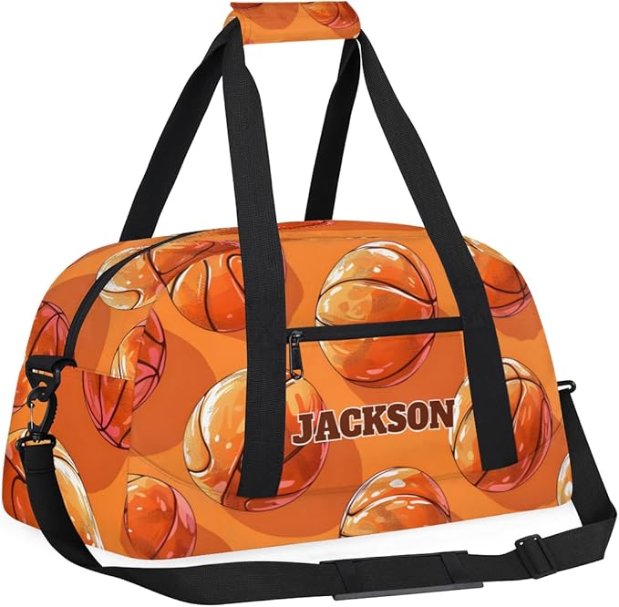 Personalized Kids Basketball Gym Sport Bags with Custom Name Boys Sport Training Travel Bags for Overnight Weekender, Orange