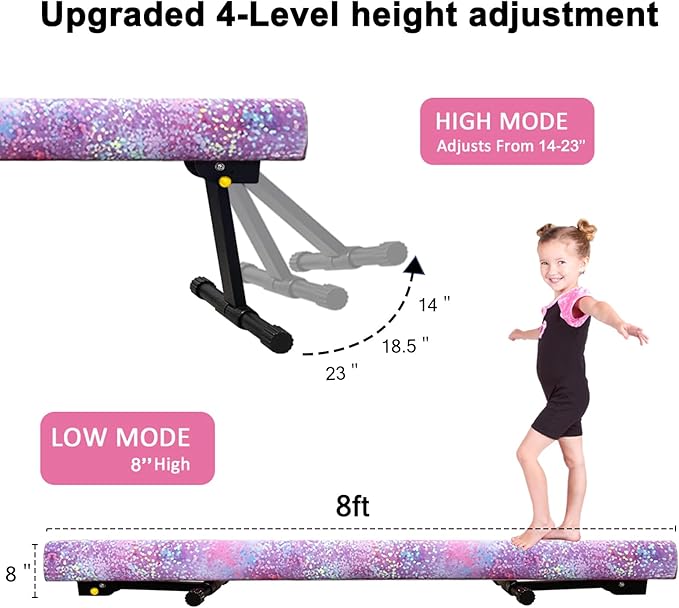 GLANT 8ft Ultrasimple Adjustable&Foldable Balance Beam,High-Low Floor Beam Suede Gymnastics Equipment,No Tool Require, Gymnastics Beam for Training&Professional HomeTraining