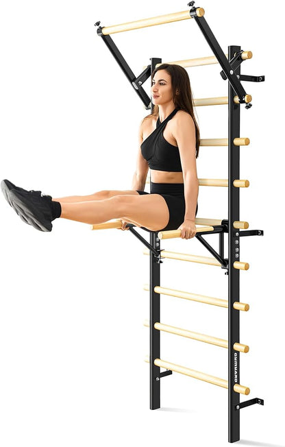 Swedish Ladder, Wood Stall Bar, Swedish ladders Wall Gym Adult, Adjustable Pull Up and Dip Station for Adults and Kids, 9-Anchor Solid Pine, Home Fitness