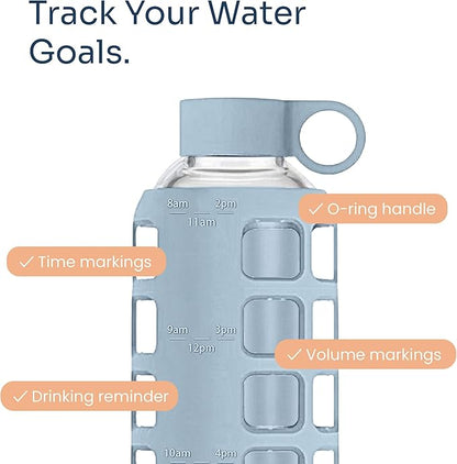 purifyou 40oz / 32oz / 22oz / 12oz Borosilicate Glass Water Bottle with Time & Volume Markers, Silicone Sleeve, Stainless Steel Lid | Reusable Glass Bottle for Water & Juice (22oz Ice Blue)