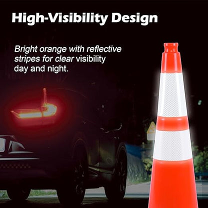 6 Pack 28 Inch Orange Traffic Cones with Reflective Bands, Heavy Duty Black Base Safety Cones for Road Work, Event Traffic and Outdoor Security (6, Orange, 28 Inch)