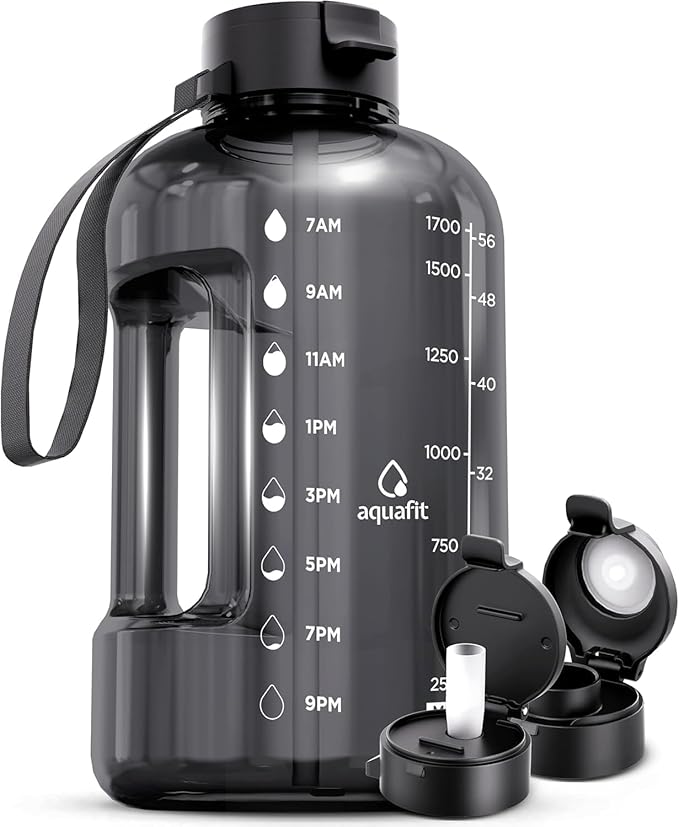 AQUAFIT 64 oz Water Bottle with Time Marker - Straw & Chug Lid - BPA Free Half Gallon Gym Water Bottle with Handle - Big Gallon Jug (Gray, 64 Ounces)
