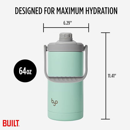 Built Byo 64 Oz Double Walled Insulated Stainless Steel Bottle (Mint) - BPA-Free Leakproof Chug Lid, Durable Sweat-Proof Silicone Grip Handle - Hydration Essential for Gym, Fitness, Healthy Lifestyle