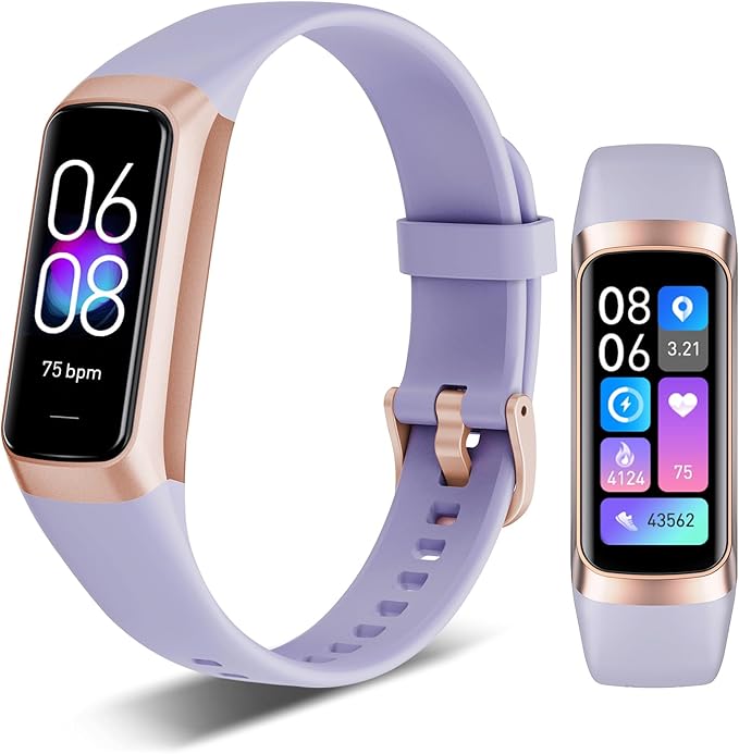 Fitness Tracker, 24/7 Heart Rate Blood Oxygen Blood Pressure Body Temp Monitor Sleep Calorie Tracker with 1.1" AMOLED Touch Color Screen Pedometer Smart Watch Waterproof for Women Men (Purple)