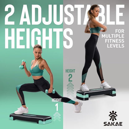 SAKAE Step Aerobics Platform Set with Dumbbells & Measuring Tape, Aerobic Steppers for Exercise at Home, Adjustable Height 2 Level Risers Workout Step Trainer with Non-Slip Surface, Multiple Colors