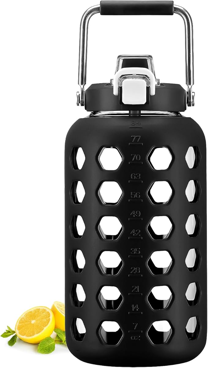 MUKOKO 84 oz Glass Water Bottles,2.5 Liter Gallon Drinking Bottle with Handle,Large Glass Water Jug with Silicone Sleeve for Gym Sports,Time Marker,Wide Mouth,Black