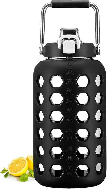 MUKOKO 84 oz Glass Water Bottles,2.5 Liter Gallon Drinking Bottle with Handle,Large Glass Water Jug with Silicone Sleeve for Gym Sports,Time Marker,Wide Mouth,Black