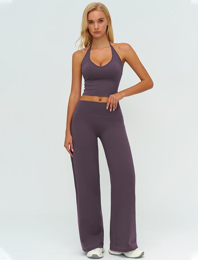 Womens Workout Sets Two Piece Spaghetti Straps Crop Top Matching Straight Leg Pants Gym Work Pilates Outfits