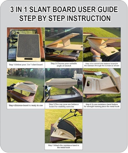 3-in-1 Portable Wooden Slant Board, Balance Board & Resistance Band – 5 Incline Angles –Incline Board – Slant board for exercise, Squats, Physical Therapy – Anti-Slip Surface, Portable, Metal Hook