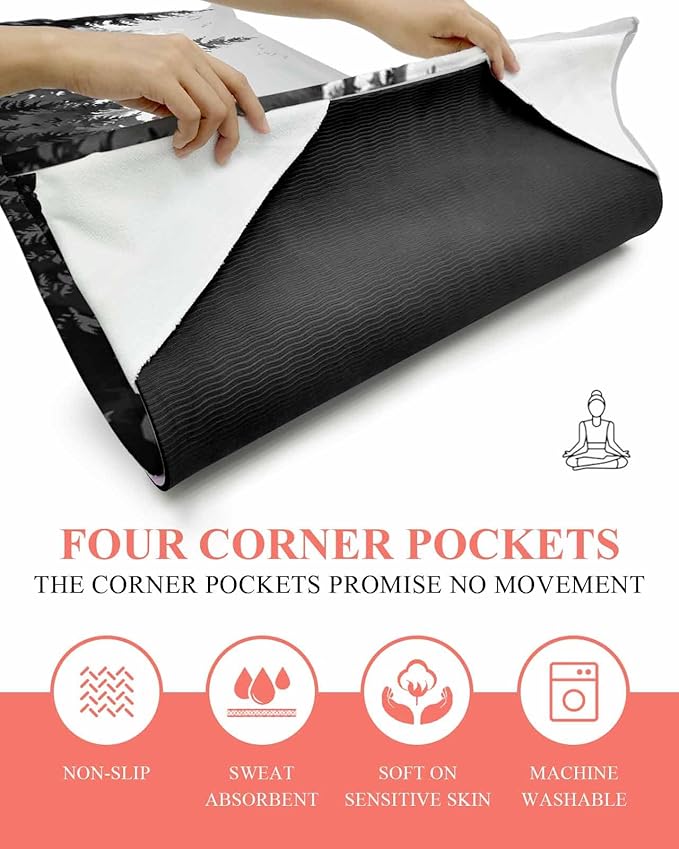 Forest Yoga Mat Towel with Corner Pockets for Hot Yoga Non Slip,Absorbent Yoga Blankets Microfiber Soft Gym Sweat Working Out Fitness Pilates Towels 70"x26" Rustic Grey Foggy Pine Tree Anmal Birds